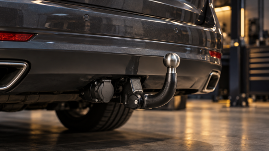 Afneembare trekhaak met elektrische aansluiting onder een donkere auto